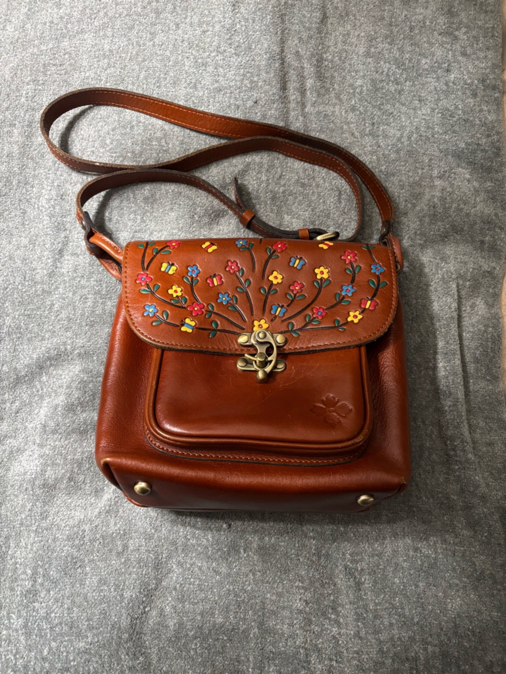 Patricia Nash Tan Leather Crossbody with Colorful Floral Embroidery